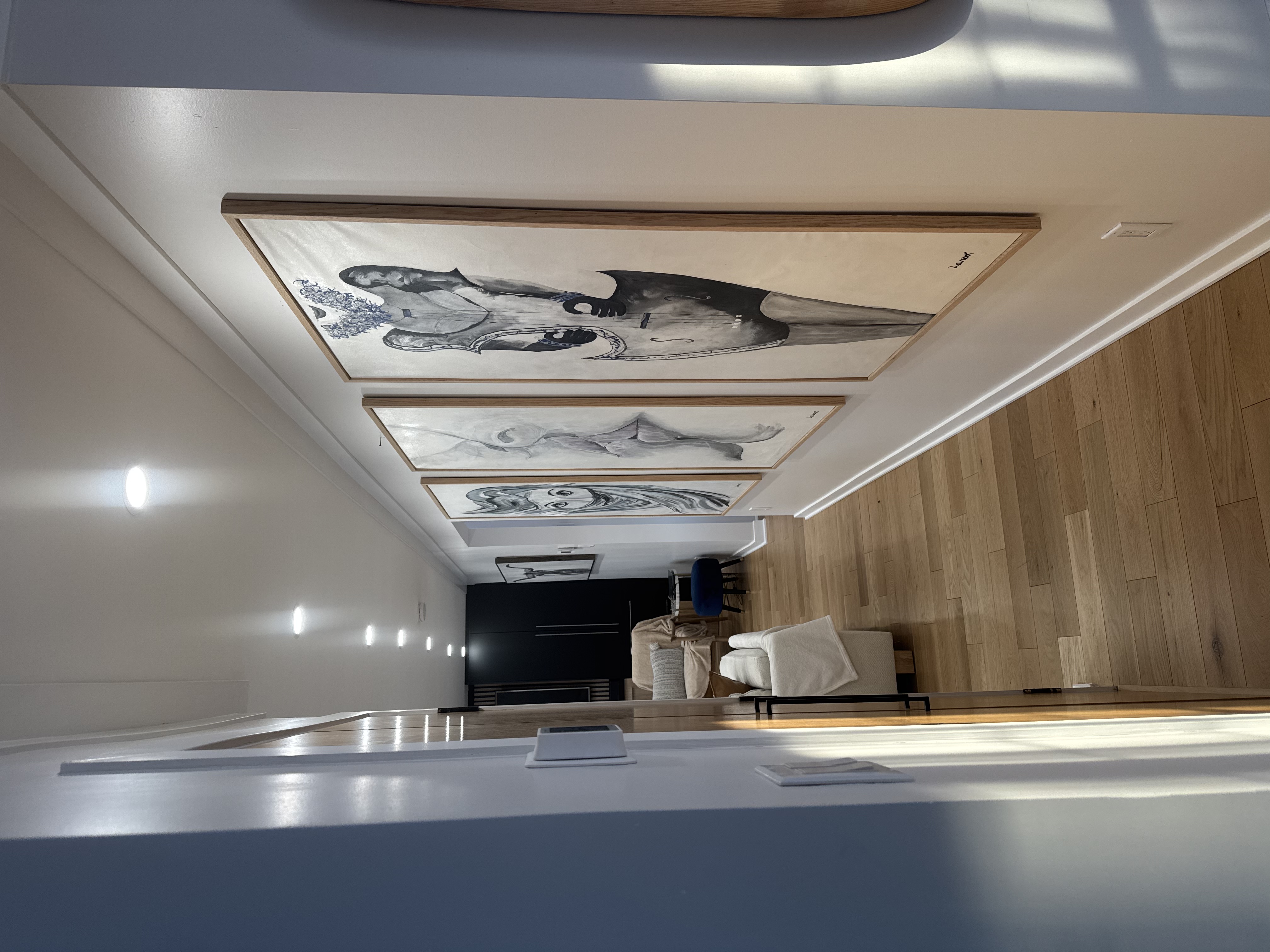 Plafond suspendu du salon multimédia Belmont, trois œuvres graphiques encadrées en chêne intégrées au-dessus de l'espace détente.